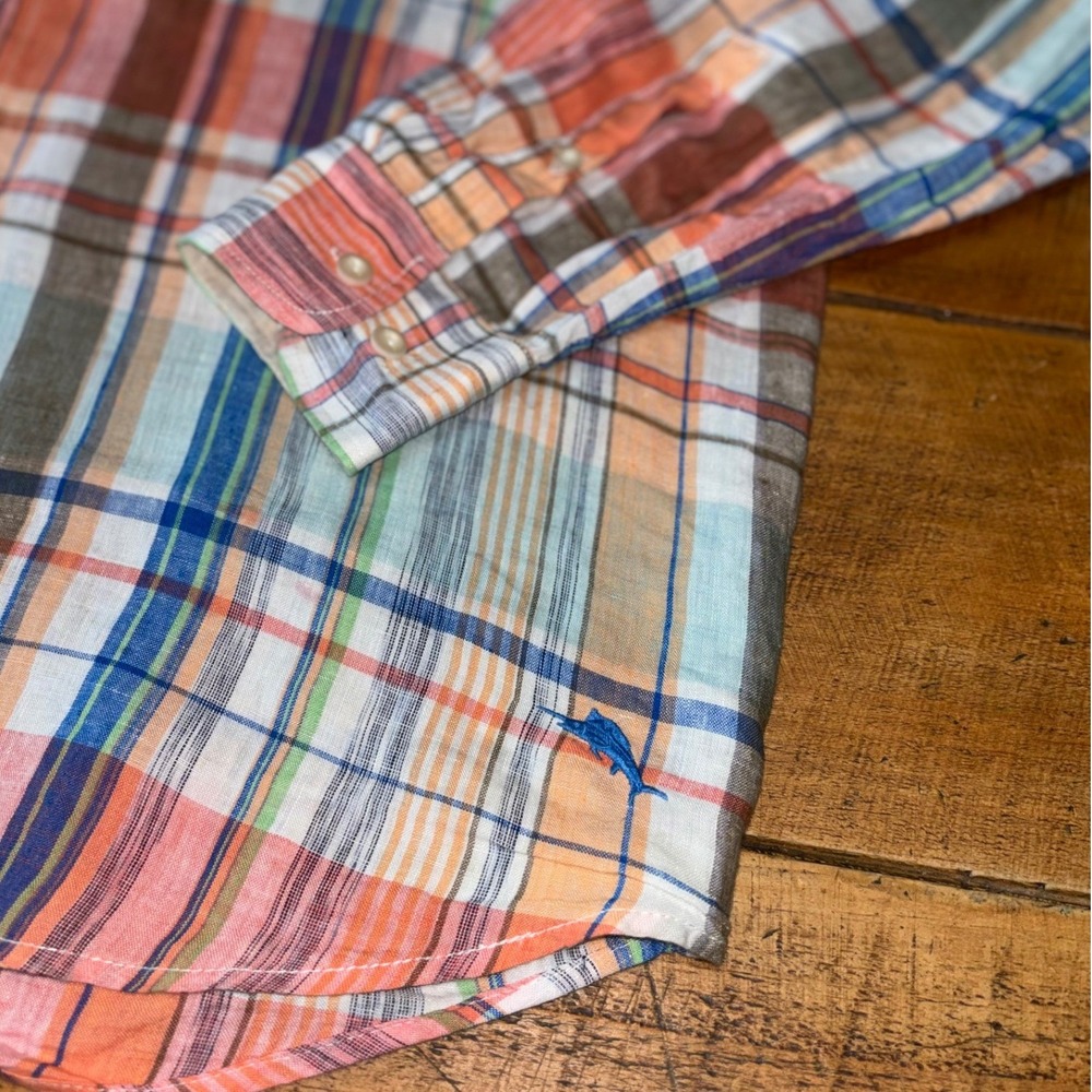 Tommy Bahama Mens 100% Linen Orange Blue Plaid Long Sleeve Button Down Shirt XL - Picture 3 of 9